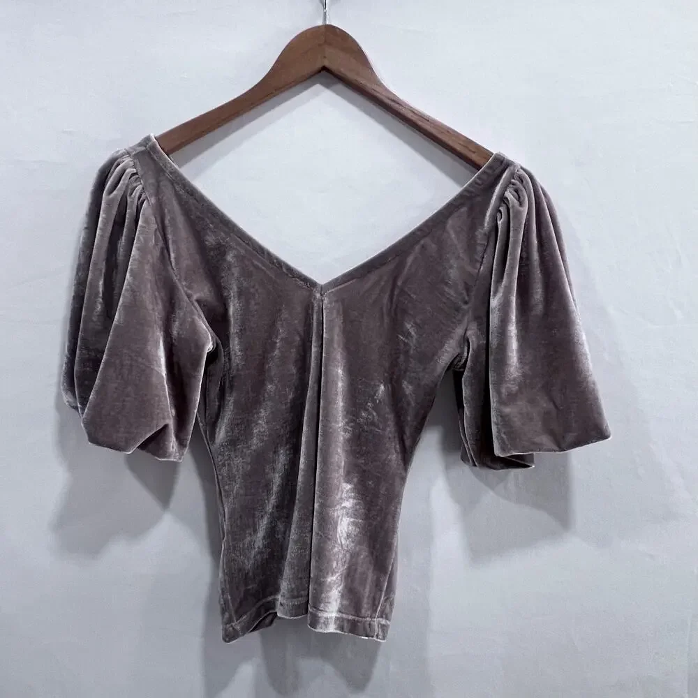 Free People Cupcake Velvet Top Taupe Brown Ruched Puff Sleeve Women's XS